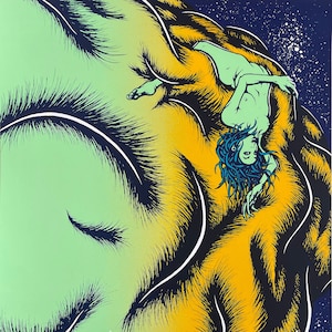 May include: A concert poster for Thudhoney, a band playing at The Crocodile in Seattle, Washington on March 17, 2022. The poster features a stylized illustration of a person with long blue hair, lying on a yellow and green background with a starry night sky.