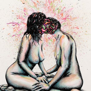 May include: An artistic illustration depicts two nude figures in a seated embrace, their heads merging with colorful, abstract forms. The artwork features a vibrant explosion of pink, green, and yellow hues, with a soft, watercolor-like effect.