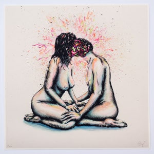 May include: An artistic print depicting two figures in an embrace, their faces partially obscured by a colorful, abstract explosion. The figures are nude, with detailed linework and a soft color palette of pinks, greens, and blues. The artwork is signed.