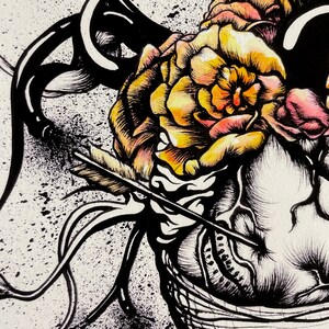 Detail of arrow, marigold, and scarring of Frida's heart