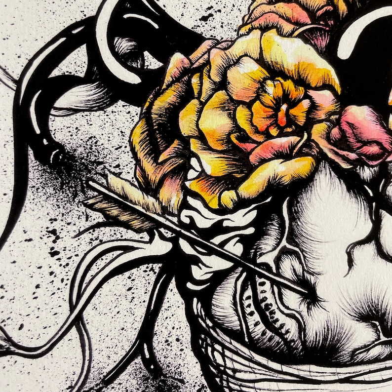 Detail of arrow, marigold, and scarring of Frida's heart