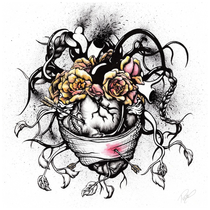 High quality fine art giclee 12x12 inch art print featuring a surreal portrait interpretation of Frida Kahlo. Black and white ink work of a heart and Frida's hair with watercolor marigold flowers, arrows and bandages.