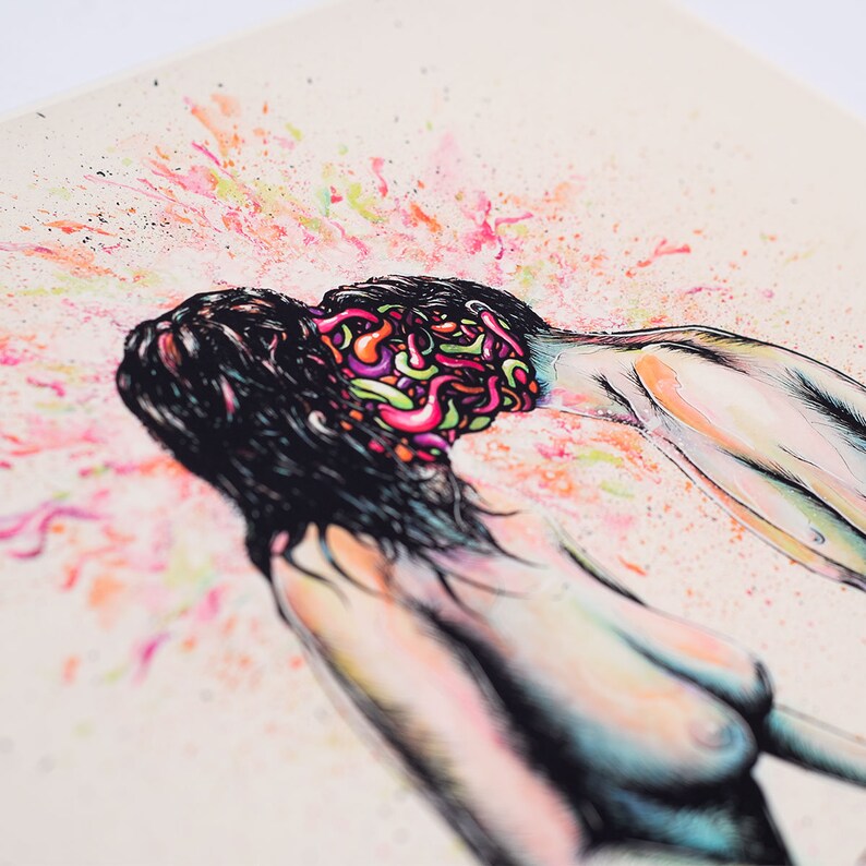 May include: An artistic illustration featuring two figures with exposed brains, rendered in vibrant colors. The artwork showcases a surreal, abstract theme with splashes of pink, orange, and green against a neutral background. The figures have black hair.