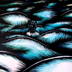 May include: A dark blue and black abstract painting with a person's head and shoulders in the center. The person is facing away from the viewer and is surrounded by swirling lines and shapes.