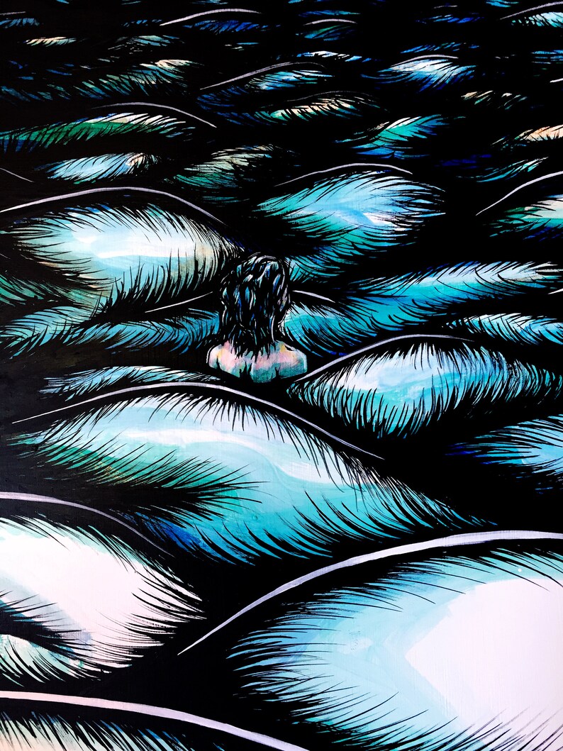 May include: A dark blue and black abstract painting with a person's head and shoulders in the center. The person is facing away from the viewer and is surrounded by swirling lines and shapes.