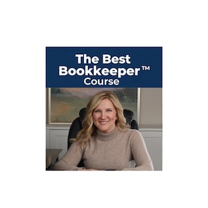 May include: A woman with blonde hair wearing a tan turtleneck sweater is smiling. Above her is a dark blue banner with the text "The Best Bookkeeper Course" in white.