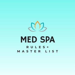 May include: A logo for a Med Spa, featuring a lotus flower icon in teal, orange, and gray atop the words "MED SPA" in bold black font. Below, the text "RULES + MASTER LIST" is displayed.