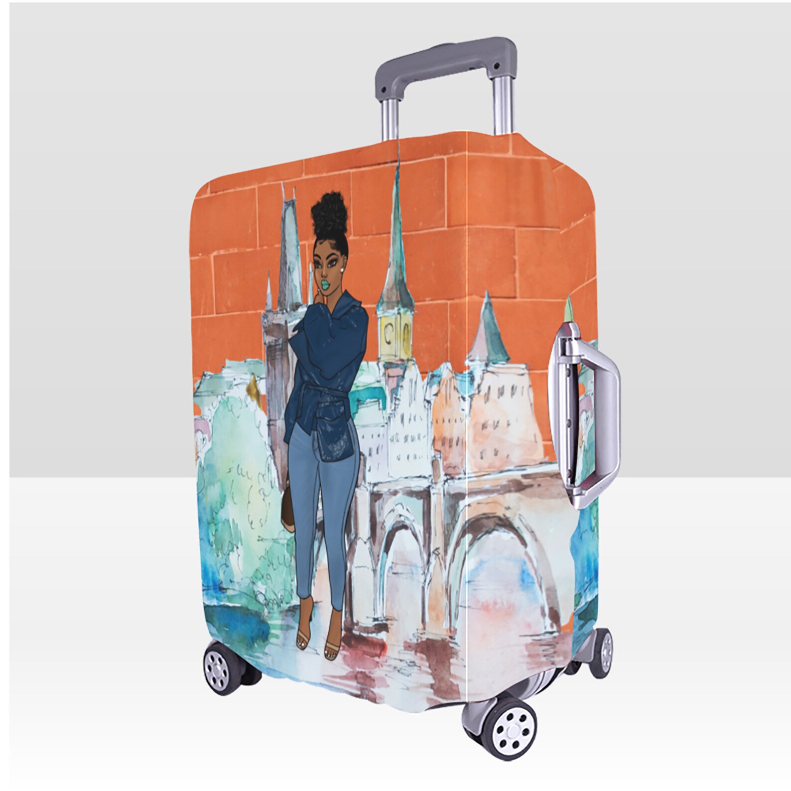 Black Girl in the City Orange Luggage cover Afro Lady Luggage Etsy