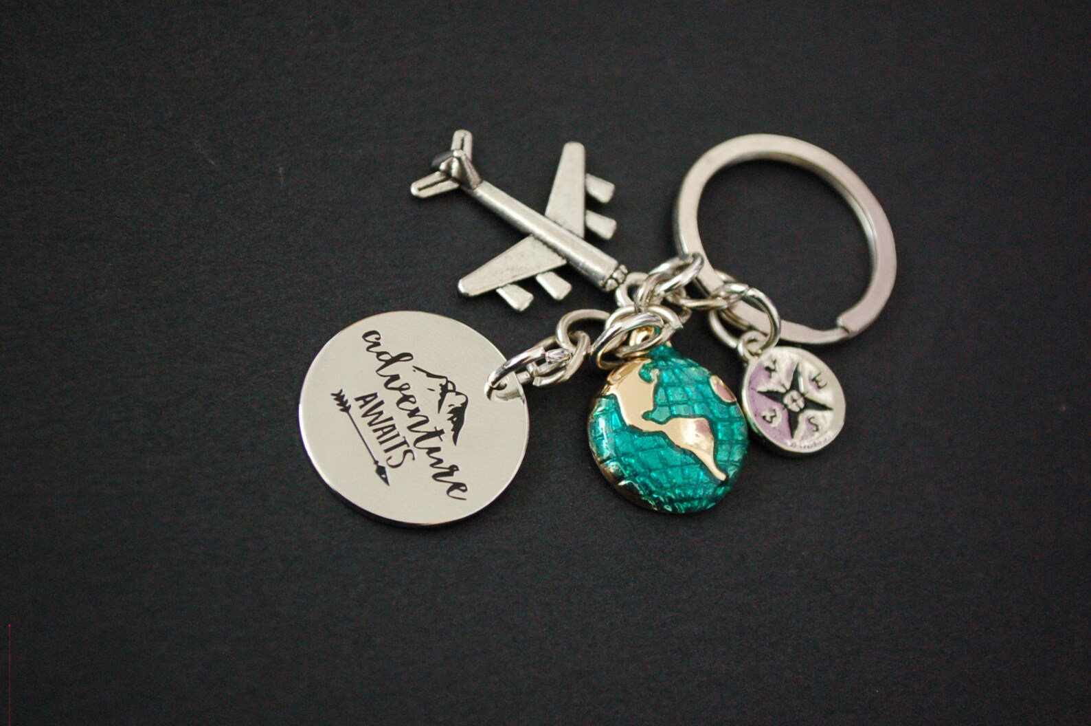 Adventure awaits compass globe mountains aeroplane Keychain Etsy