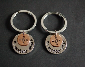 no matter where rose gold compass set of two Keychains Keyrings gift