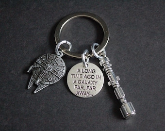 Star Wars millenium falcon A long time ago in a galaxy far far away Keychain Keyring lightsaber gift