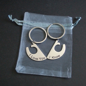 May include: Two silver keyrings, each with a unique shape that interlocks to form a whole. One keyring reads "I Love You," and the other reads "I Know." The keyrings are presented in a sheer, light grey drawstring bag.