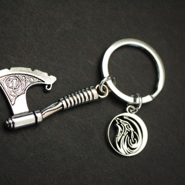 viking axe howling wolf fenrir norse odin Keychain Keyring gift