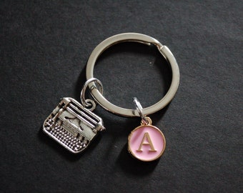 Typewriter pink enamel initial key letter writer author Keychain Keyring  giftgift