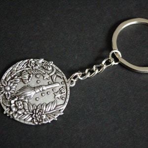 Witch wicca broomstick witch flower fauna medallion Keychain Keyring gift