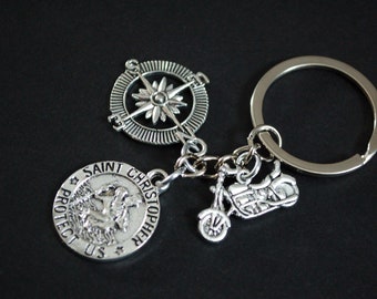 Saint Christopher compass motorbike Keychain Keyring gift