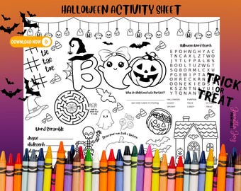 May include: A black and white printable Halloween activity sheet with a variety of activities for kids, including a word search, word scramble, maze, and coloring pages. The sheet features a ghost, pumpkin, and witch hat.