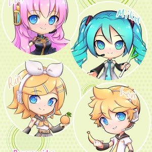 May include: Four circular images of anime characters with their names written above them. The characters are Luka, Miku, Rin, and Len. Each character is holding a different object: Luka is holding a microphone, Miku is holding a leek, Rin is holding an orange, and Len is holding a banana.