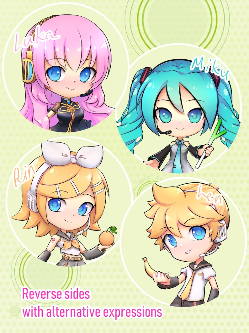 May include: Four circular images of anime characters with their names written above them. The characters are Luka, Miku, Rin, and Len. Each character is holding a different object: Luka is holding a microphone, Miku is holding a leek, Rin is holding an orange, and Len is holding a banana.