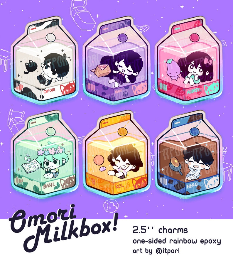 OMORI charm OMORI keychain milk set | Sunny charm Aubrey charm Kel charm Hero charm Mari charm Basil charm | 2.5' rainbow acrylic 