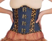 Women s Leopard Print Leather Blue Denim Gothic Steampunk Valentine Costume Underbust Waist Trainer Corset Top Brown Tissue Tutu Skirt