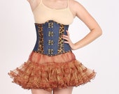 Women s Leopard Print Leather Blue Denim Gothic Steampunk Costume Underbust Waist Trainer Bustier Corset Top with Brown Tissue Tutu Skirt