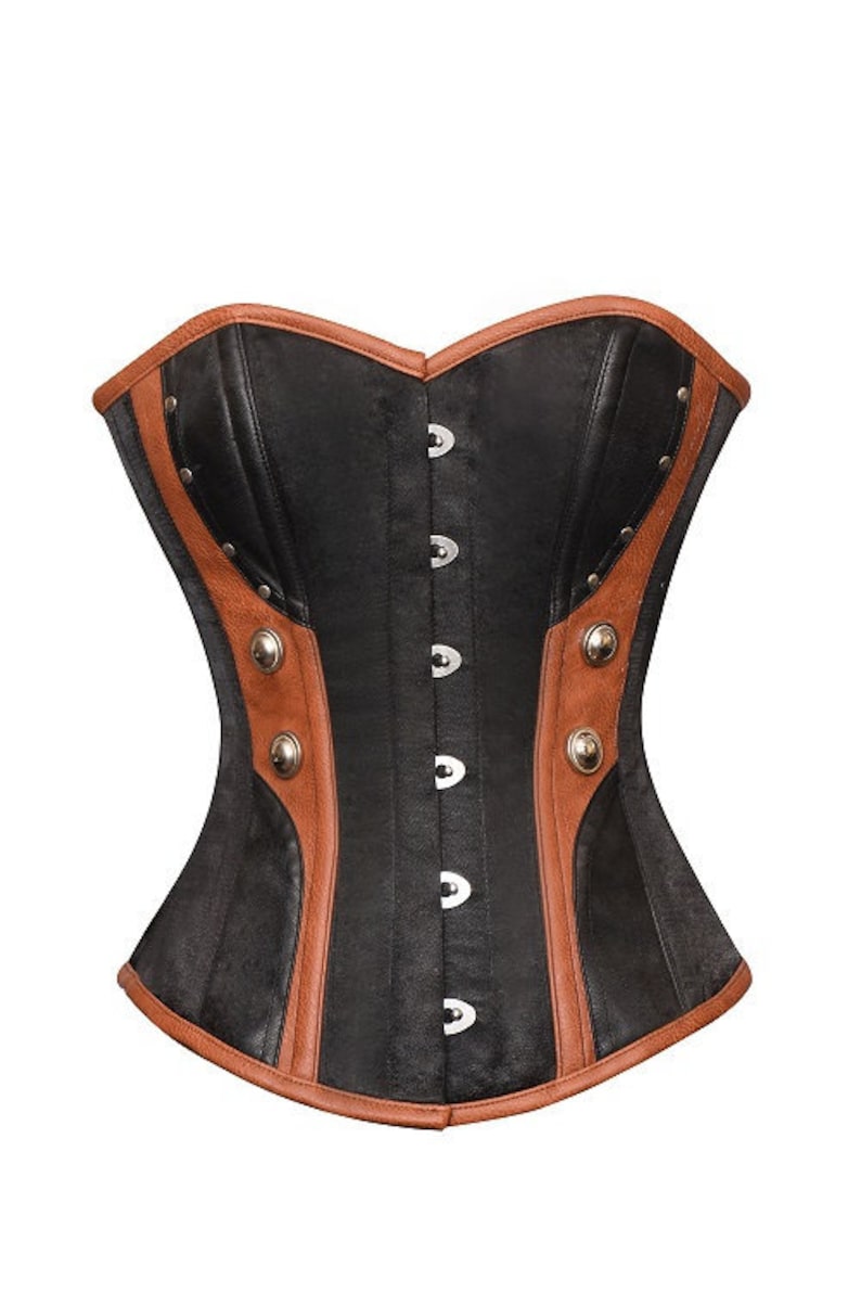 Black Satin Corset Brown Leather Halloween Costume Overbust Etsy