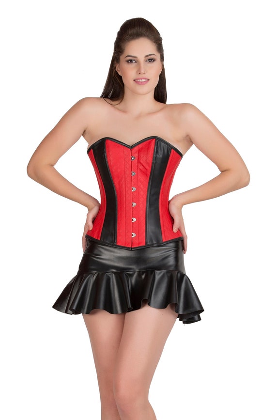 Red and Black Corset Leather Gothic Costume Party Dress Overbust Bustier  Top & Leather Skirt -  Sweden