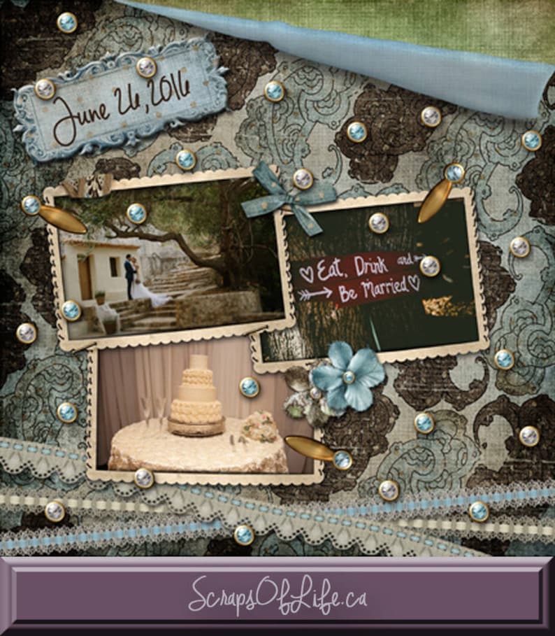 Gems and Lace Scrapbook Page, Wedding Layout, Scrapbook Quickpage, Lace