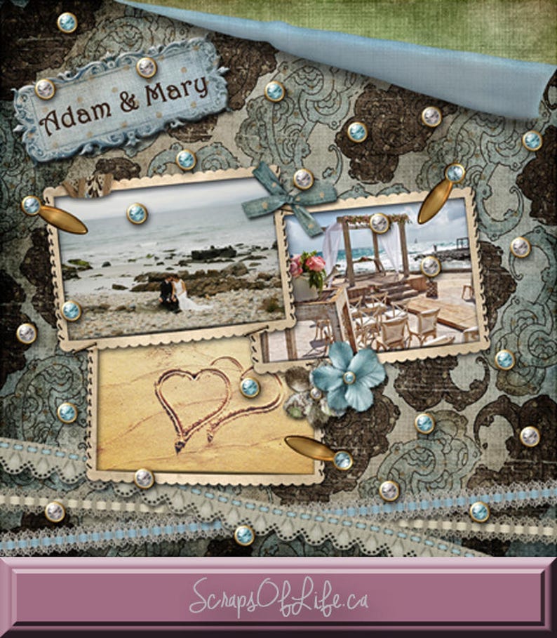 Gems and Lace Scrapbook Page, Wedding Layout, Scrapbook Quickpage, Lace