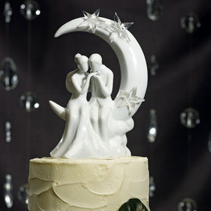 Moon and Stars Cake Topper - White Porcelain Wedding Cake Topper - Romantic Bride Groom Silhouette MW15121