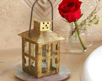 Small Gold Lanterns - Wedding Bridal Shower Vintage Style Rustic Distressed Candle Holder Centerpiece Table Decor MW36920