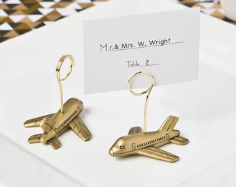 Airplane Card Holders - Set of 6 - Gold Wedding Place Card Seating Card Photo - Destination Pilot Travel Party Favors Decor - MW70008