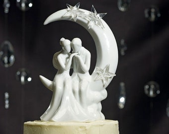 Moon and Stars Cake Topper - White Porcelain Wedding Cake Topper - Romantic Bride Groom Silhouette MW15121
