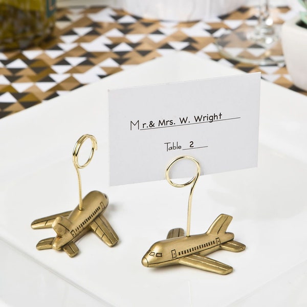 Airplane Card Holders - Set of 6 - Gold Wedding Place Card Seating Card Photo - Destination Pilot Travel Party Favors Decor - MW70008