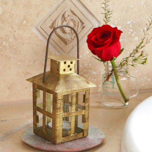 Small Gold Lanterns - Wedding Bridal Shower Vintage Style Rustic Distressed Candle Holder Centerpiece Table Decor MW36920