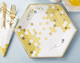 Baby Shower Plates - Set of 16 - 9" Sweet as Can Bee Yellow Gold Tableware - MW37034