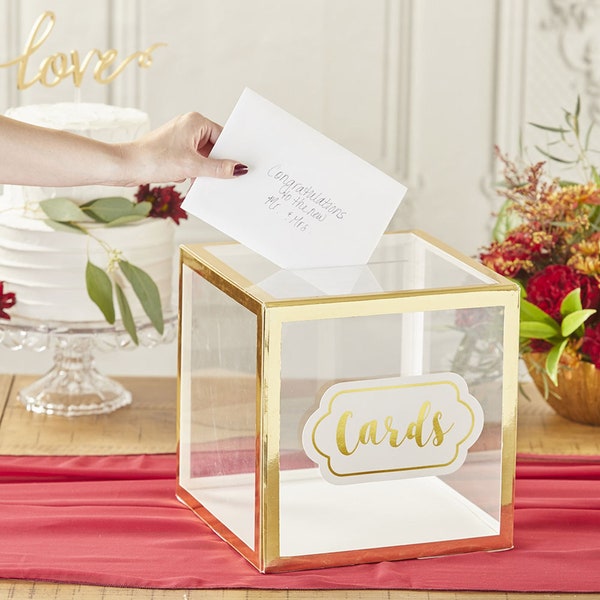 Wedding Card Box - Gold Clear Greeting Card Box for Reception Gift Table - MW37058
