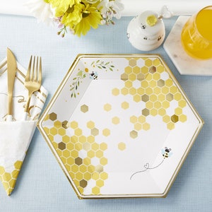 Baby Shower Plates - Set of 16 - 9" Sweet as Can Bee Yellow Gold Tableware - MW37034