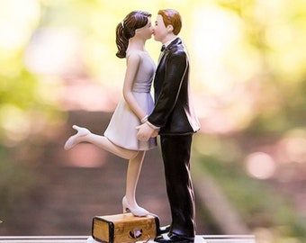 Romantic Wedding Cake Topper - Standing on Suitcase Travel Honeymoon Porcelain Cake Top Reception Decoration - MW10543