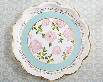 Blue Floral Plates - Set of 16 - 9" Tea Party Aqua Gold Pink Bridal Baby Shower Paper Plates - Cake Reception Luncheon Dinner MW35854