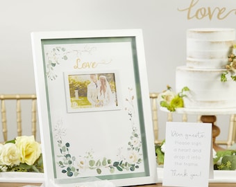 Botanical Wedding Signature Sign - Green Floral Garden Frame with Wooden Hearts - Guest Book Alternative - MW37037