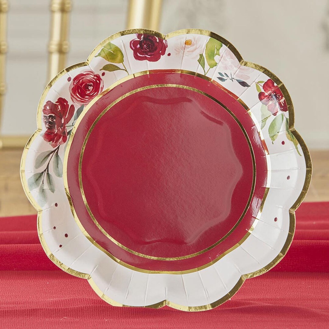 Burgundy Floral Dessert Plates Set of 16 7 Red Rose Gold Paper Plates