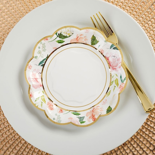 Floral Dessert Plates - Set of 16 - 7" Pink Green Gold Paper Plates - Bridal Shower Baby Shower Tea Party Birthday Party - MW36951