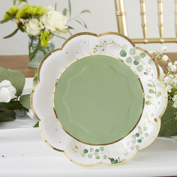 Botanical Dessert Plates - Set of 16 - 7" Green Leaf White Rose Paper Plates - Wedding Bridal Shower Baby Shower Tea Party - MW36999