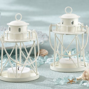 Small Lighthouse Lanterns - 4.5" Tall - White Nautical Ocean Beach Lantern Wedding Reception Table Decoration Favor - MW30024