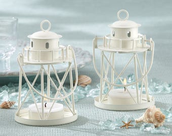 Small Lighthouse Lanterns - 4.5" Tall - White Nautical Ocean Beach Lantern Wedding Reception Table Decoration Favor - MW30024