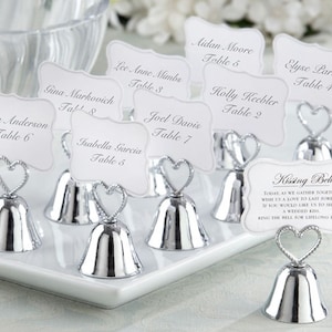 Silver Kissing Bells - Set of 24 - Heart Wedding Ring for a Kiss Bells + Poem Cards - Place Card Holders Favors Table Decorations - MW30152