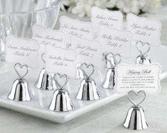 Silver Kissing Bells - Set of 24 - Heart Wedding Ring for a Kiss Bells + Poem Cards - Place Card Holders Favors Table Decorations - MW30152