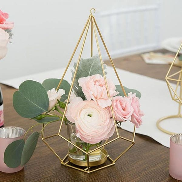 Gold Geometric Centerpieces - 10.5" Tall - Wire Prism Wedding Table Decor Decoration Hanging Lanterns MW27037